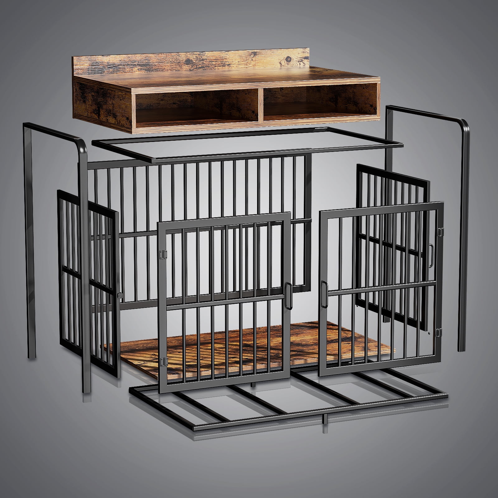 ModFurne Large Dog Crate Furniture with Drawers Storage, Puppy Dog Kennel Indoor with Double Doors, Brown