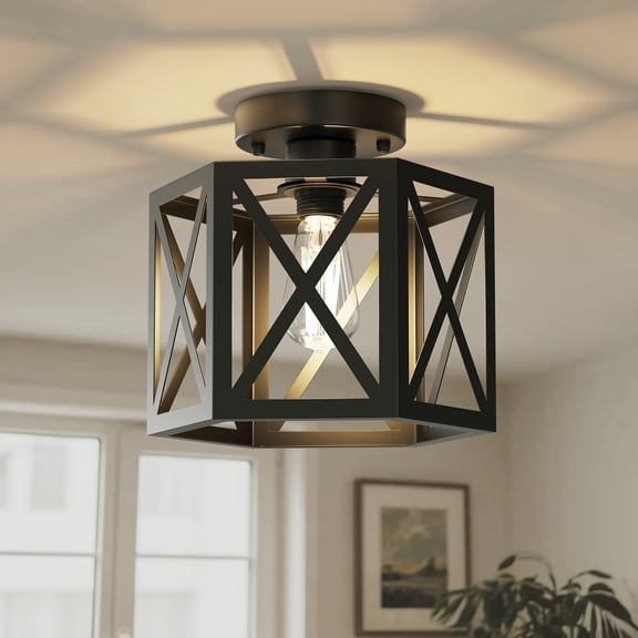 YANSUN Farmhouse Semi Flush Mount Ceiling Light, Industrial Black Hallway Light Fixture, Small Metal Cage Close to Ceiling Lights for Kitchen Living Room Porch Bedroom