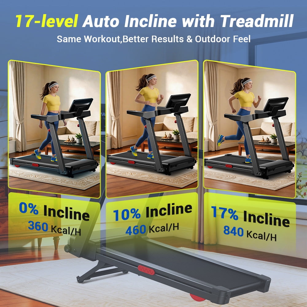 CURSOR FITNESS 17% Treadmill Auto Incline, Foldable Home Treadmill with 3-Level Adjustable Console and Quiet 3.5 HP Motor, Max 390lbs
