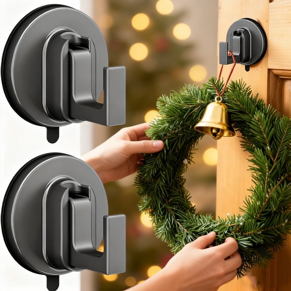 Trianu 2Pcs Suction Cup Hooks for Front Door Wreaths, Hook for Christmas Wreath Decor Thanksgiving, Suction Cup Hooks for Bathroom Hanging Towels Holder