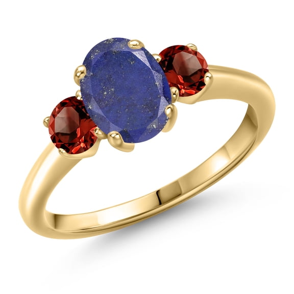 Gem Stone King 10K Yellow Gold Blue Lapis and Red Garnet Engagement Ring for Women | 2.14 Cttw | Oval 8X6MM | Gemstone Birthstone | Size 5