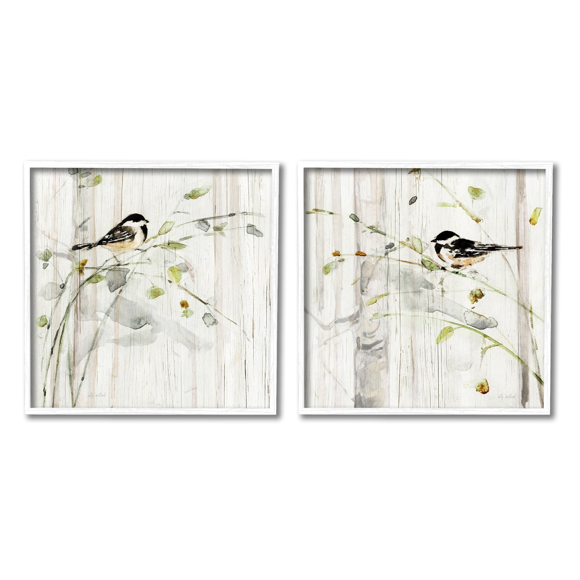Stupell Industries Perched Birds Country Botanicals Animals & Insects Painting White Framed Art Print Wall Art, Set of 2