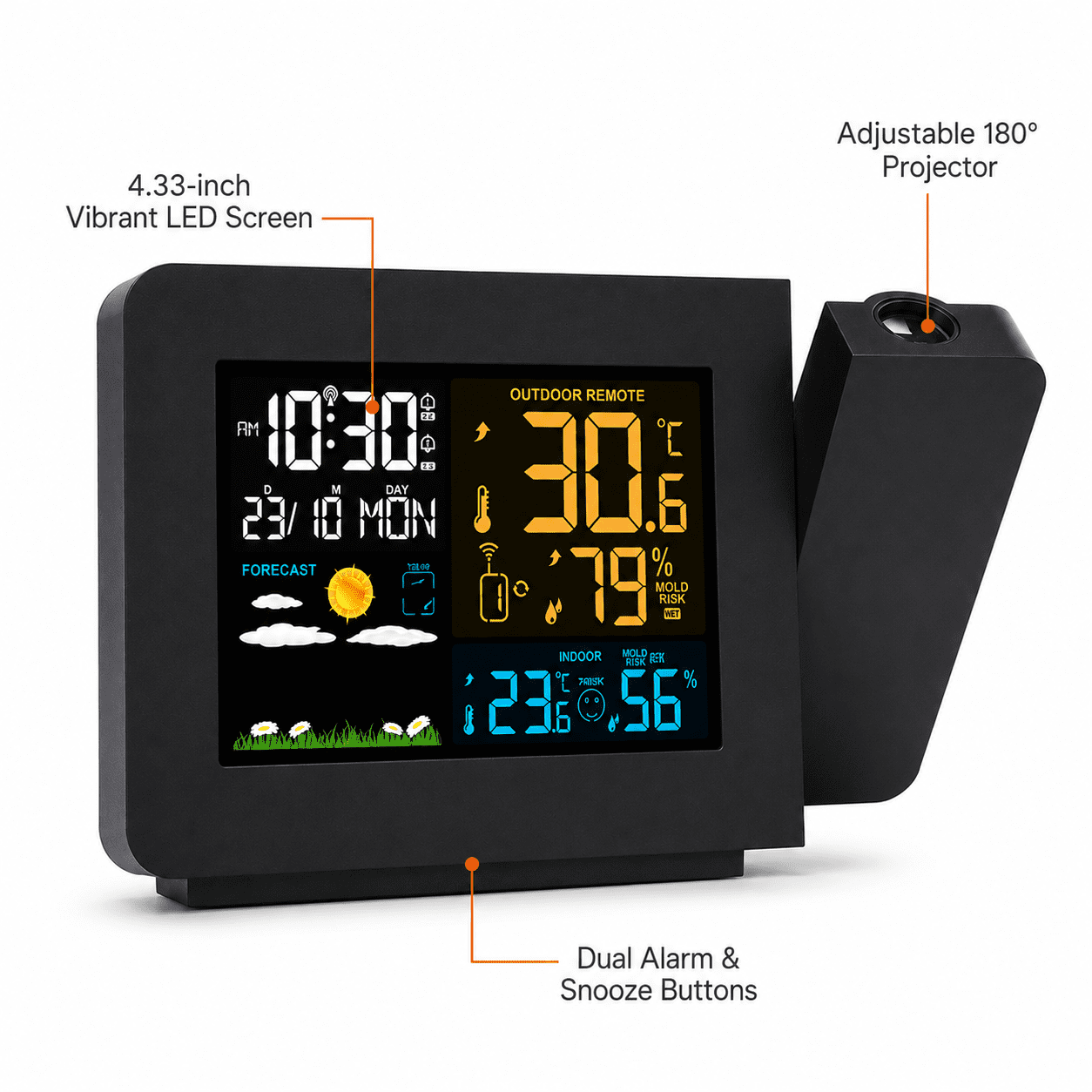 Atomic Projection Alarm Clock with Weather Station, WWVB Radio, Dual Alarms, Snooze, and Wireless Temperature & Humidity Sensor