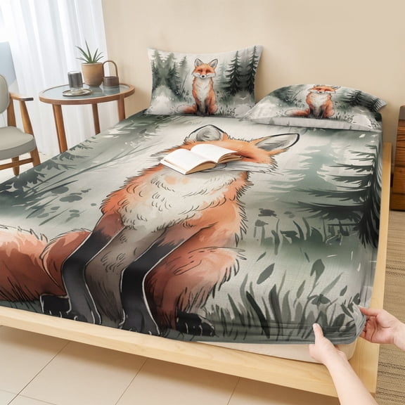 Twin Sze Fitted Sheet Set - Orange Fox 2 Piece Bedding Sets 16" Deep Pocket Fitted Sheet with 1 Pillowcase, Woodland Pine Trees Misty Forest Retro Beige Brushed Microfiber Hotel Luxury Bed Sheets