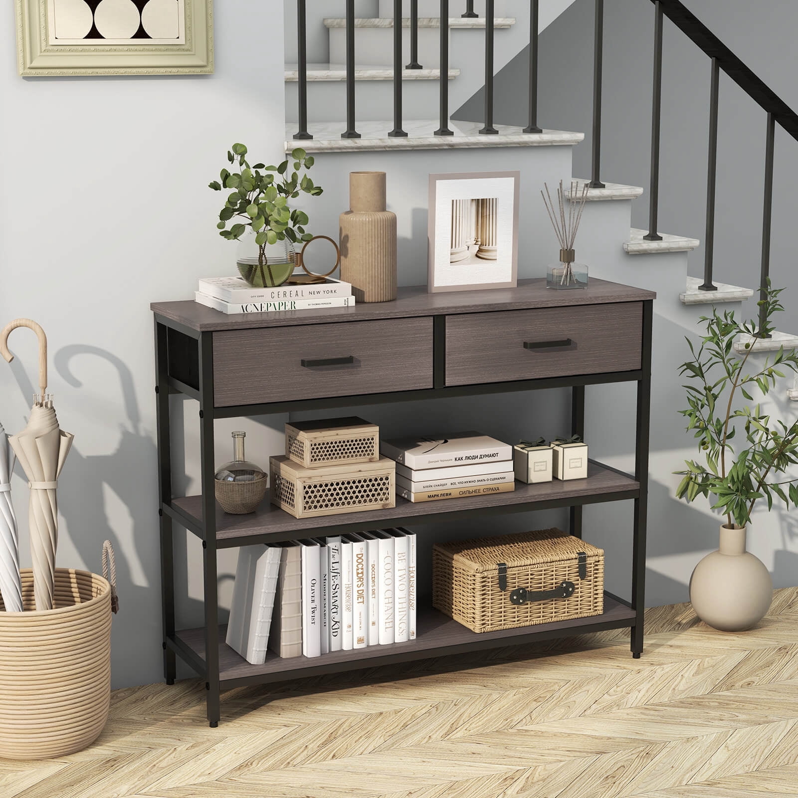 Costway Console Entryway Table Sofa Side Table with Folding Fabric Drawers for Living Room Gray