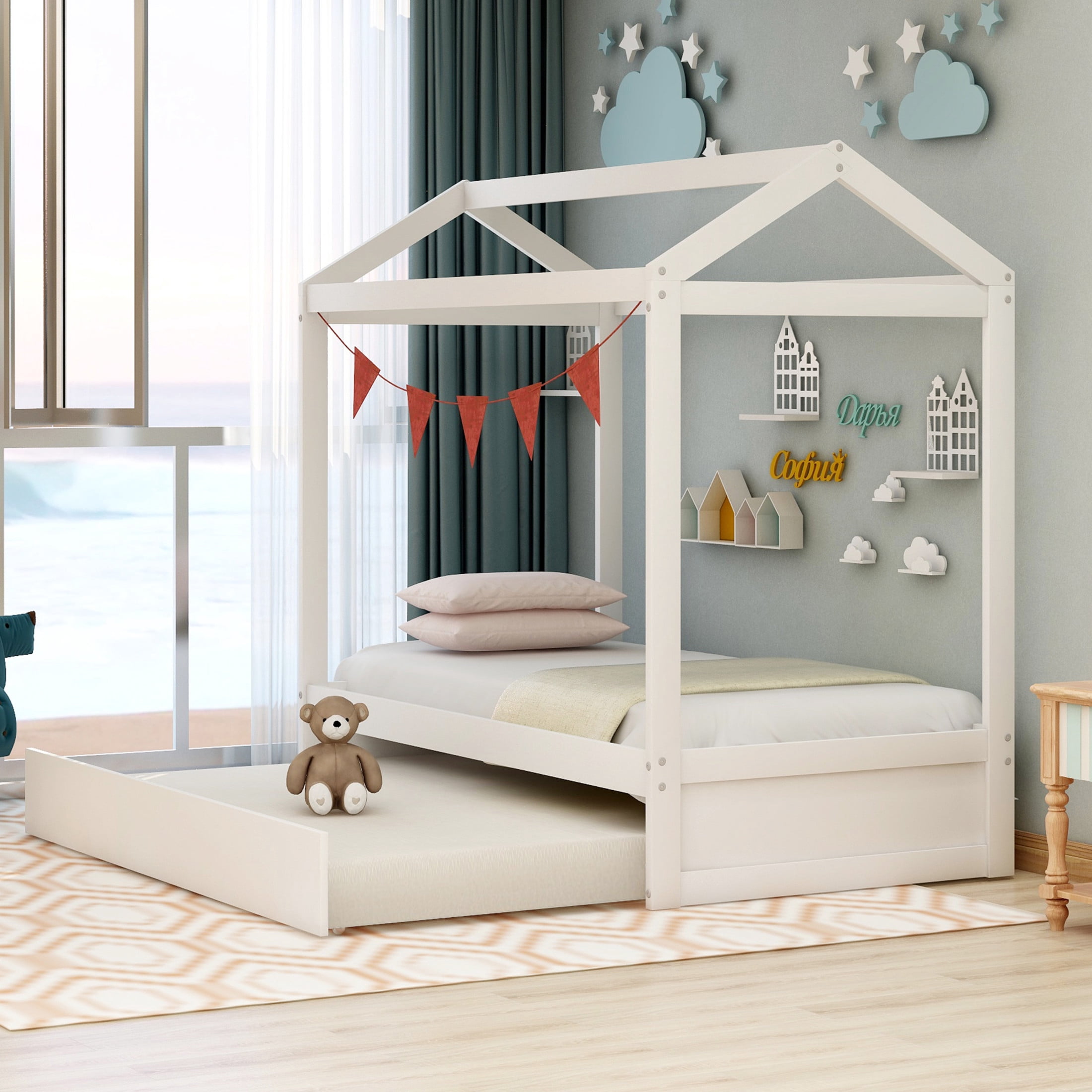Noble House Lira Twin House Bed with Rolling Trundle, Customizable Pine Wood Frame, Space Saving, White