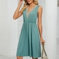 thumbnail image 5 of YYDGH Women's Sleeveless Solid Dress Casual Crochet Lace Trim V Neck Mini Dress Elastic Waist Pleated Dresses with Pockets Green XXL, 5 of 9
