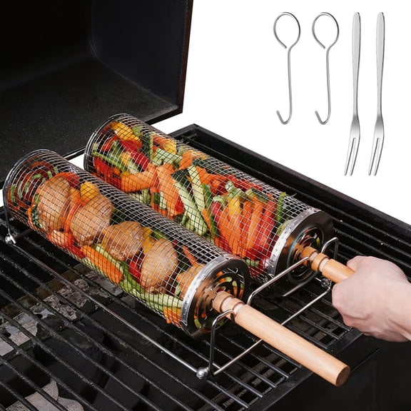 2Pcs Rolling Grilling Basket, Nesting Grill BBQ Net Tube with Wooden Handles, Stainless Steel Camping Grill Mesh Cylinder, Smoker Grilling Accessories for Vegetables Fish Meat