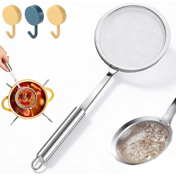 100 Mesh Stainless Steel Extra Ultra Fine Fat Skimmer Spoon, Very Fine Mesh Strainer Scoop, Slotted Ladle with Holes for Frying, Fryer, Sauce, Oil and Grease