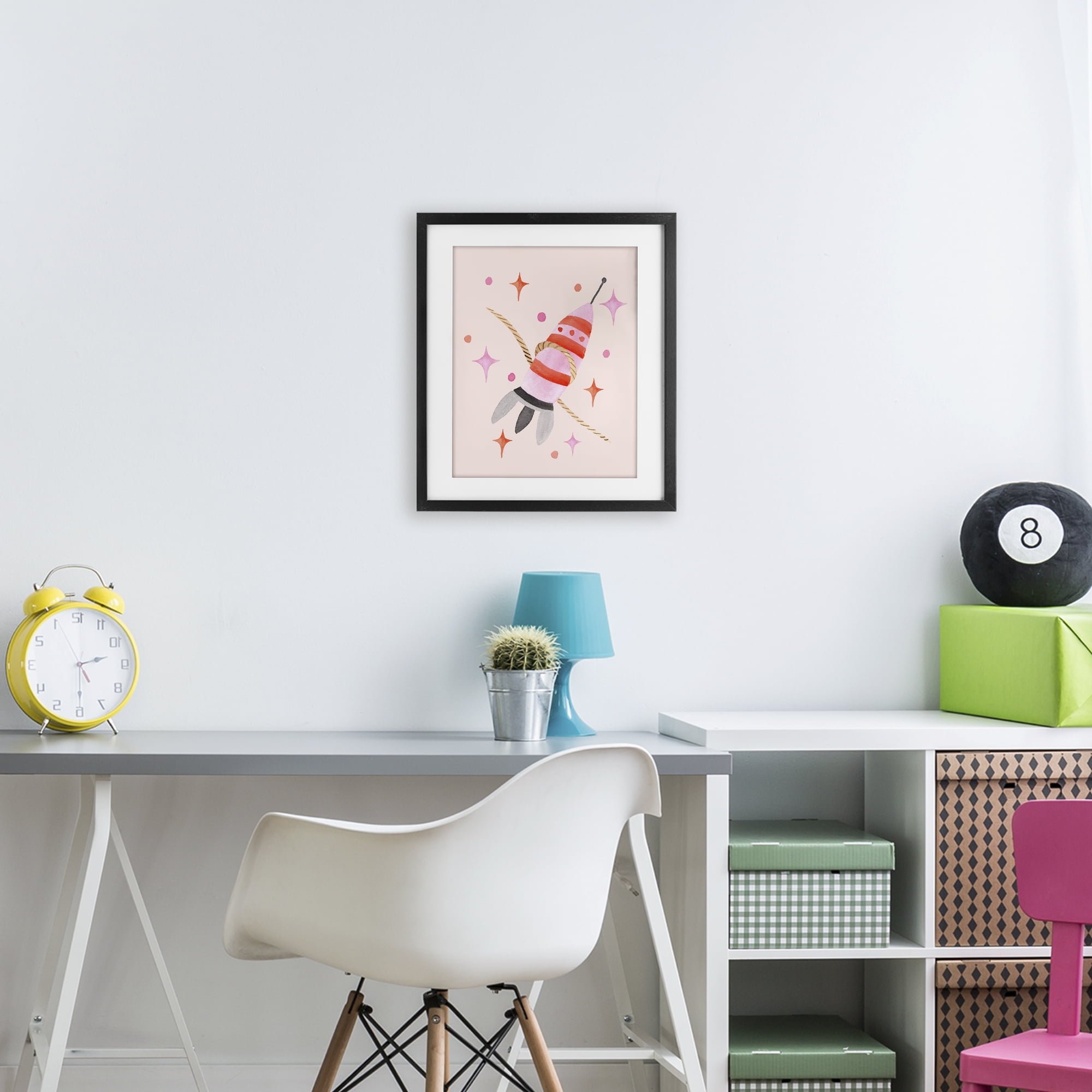 Spaceship with Lasso Black Framed Print Under Glass, design by Nina Jacobs
