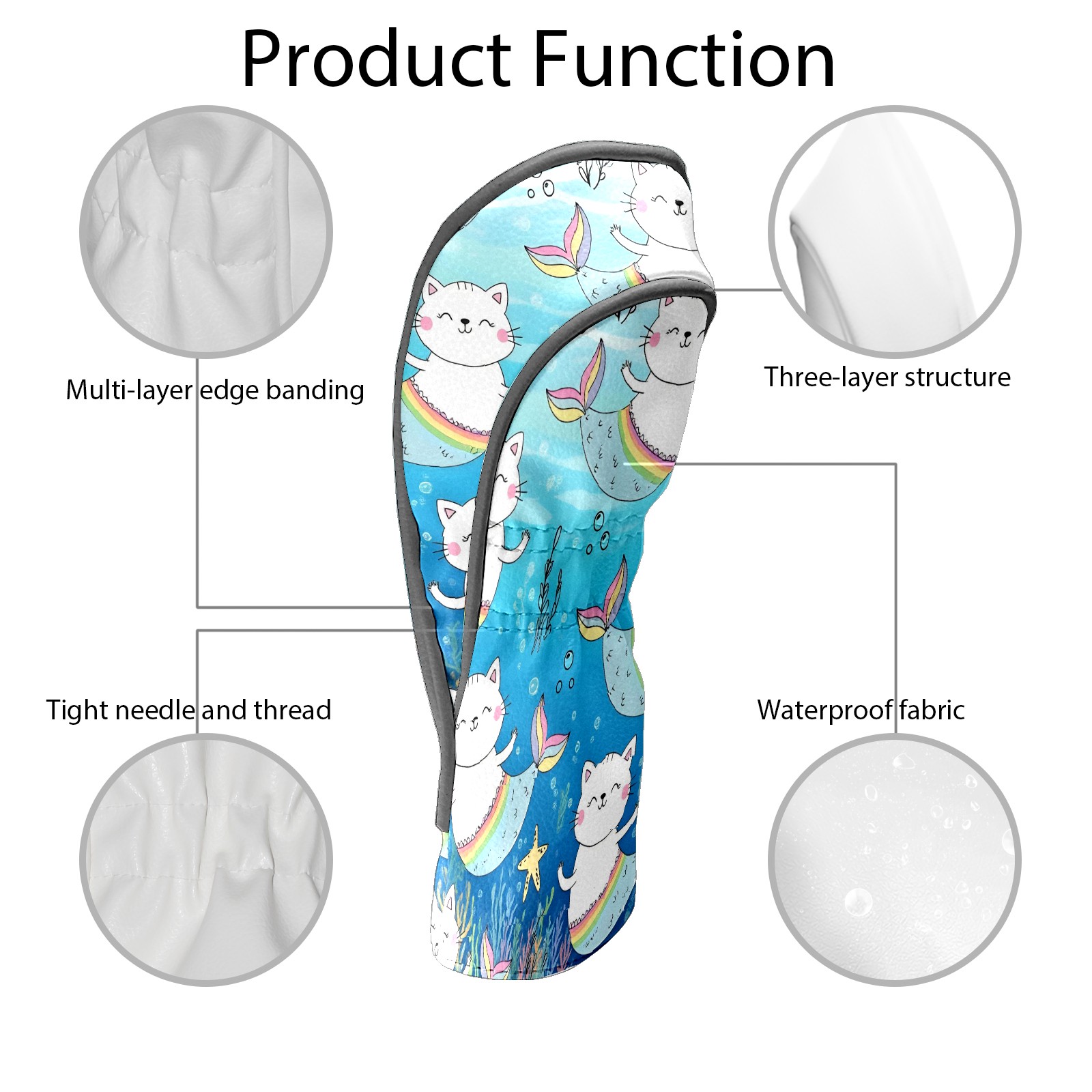 Golf Club Head Covers - Mermaid Cat Blue Design, Premium PU Leather Driver Hybrid Headcovers with Velvet Lining, Waterproof Golf Gifts for Men Women