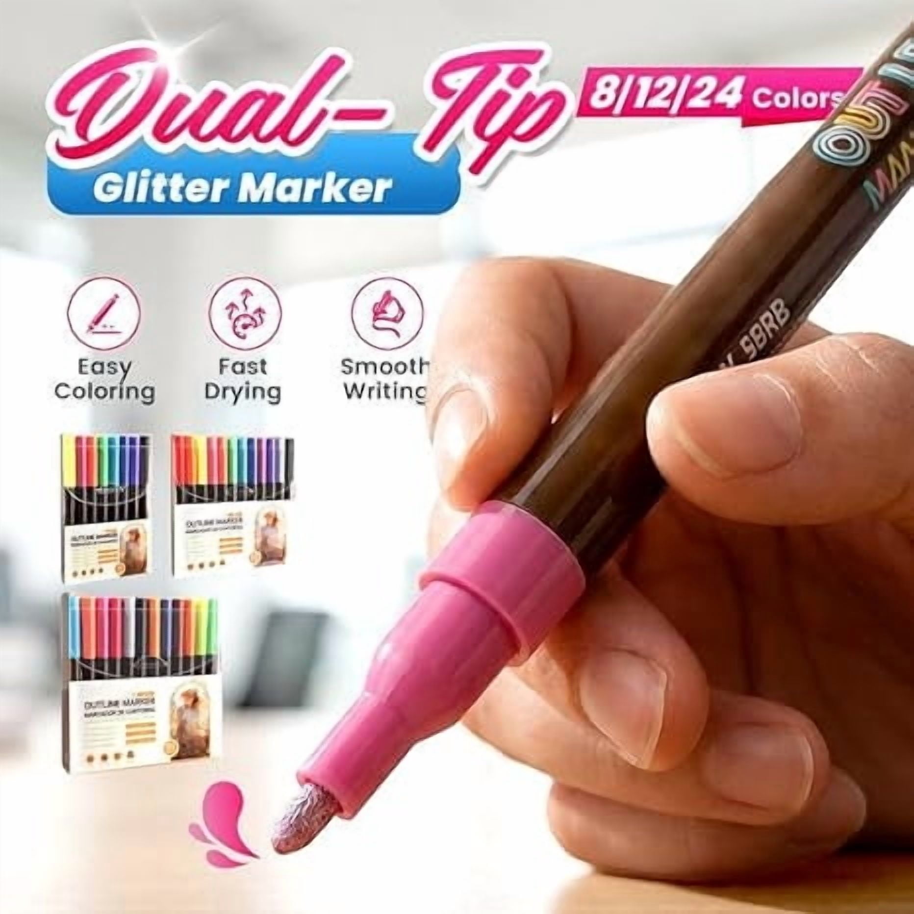 Yannianjz 3Pcs Double-Line Metallic Glitter Pens, Dual-Tip High-Pigment Art Markers, Flash Gel Pens for Black Paper, Diaries, Journaling, Scrapbooking