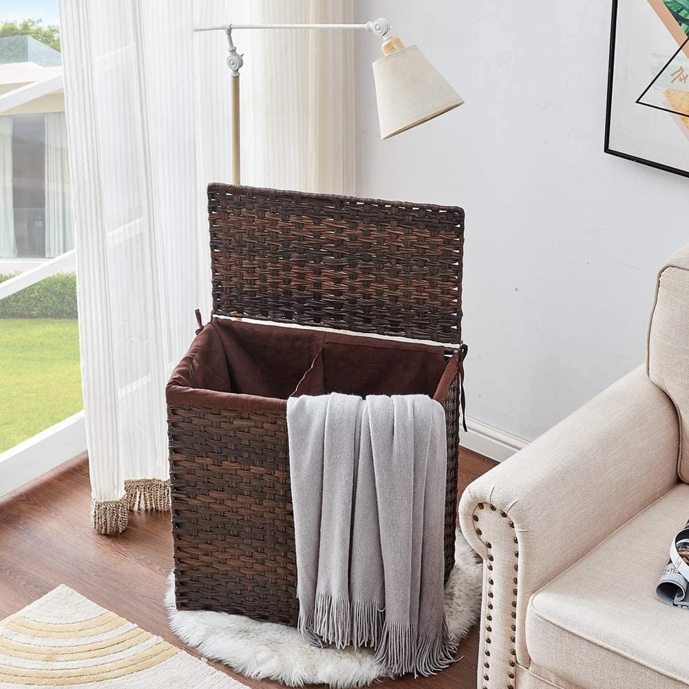 Private Jungle Divided Laundry Hamper,Synthetic Rattan Handwoven Clothes Laundry Basket with Lid and Handles,Foldable,Removable Liner Bag,Brown Private Jungle Divided Laundry Hamper,Synthetic Rattan Handwoven Clothes Laundry Basket with Lid and Handles,Foldable,Removable Liner Bag,Brown