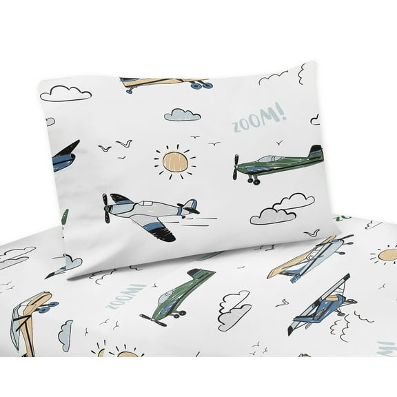 Sweet Jojo Designs Airplane Green and Blue Boy 4 Piece Queen Size Sheet Set