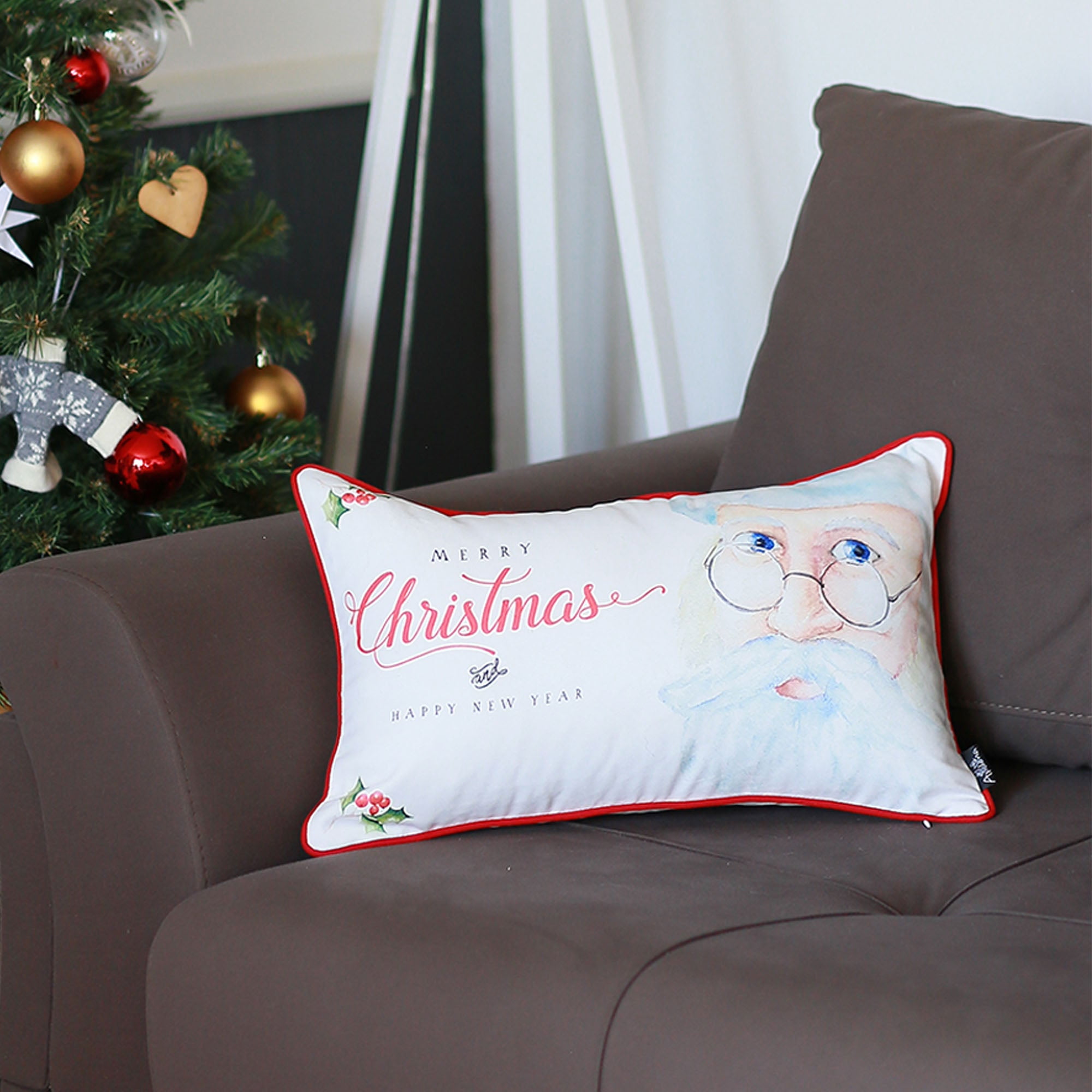 White and Red Christmas Lumbar Pillow Cover 12" x 20"
