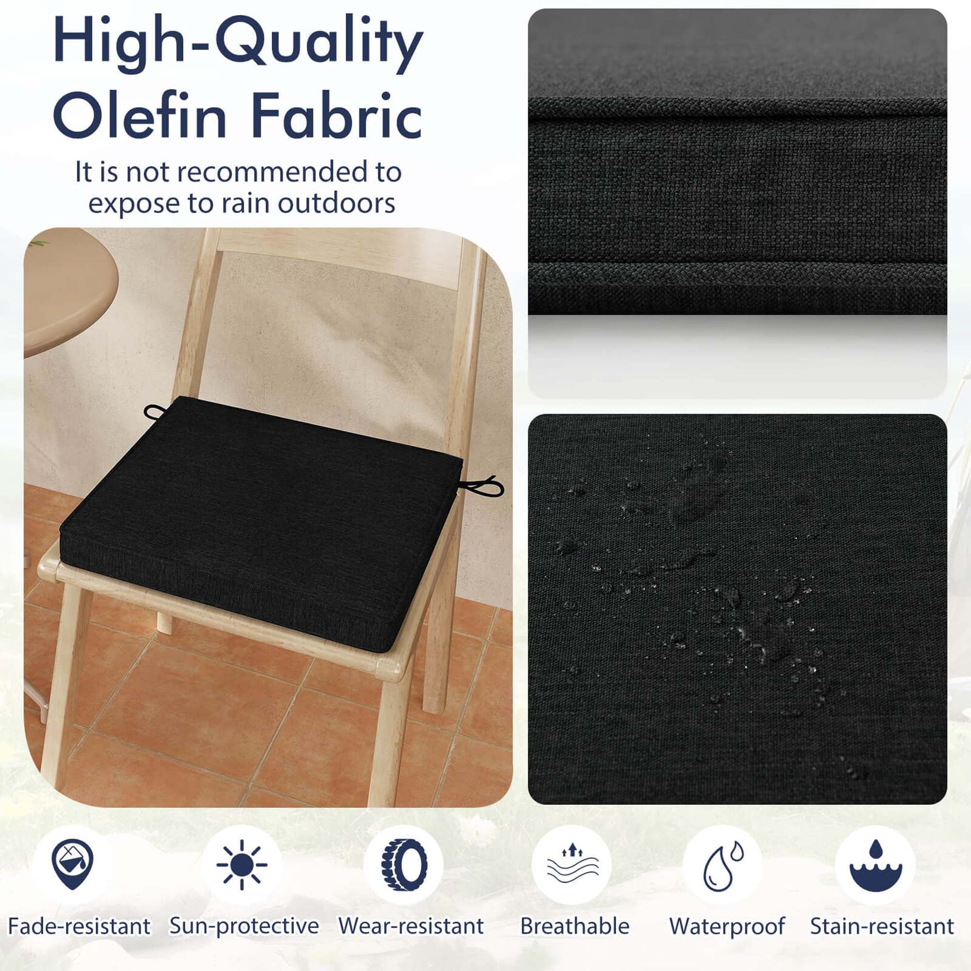 Costway Outdoor Chair Cushion Set of 4 Waterproof Fade-Resistant Olefin Seat Cushions Black