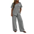 thumbnail image 3 of VBVC Women's 2 Piece Asymmetrical Button Pants Sets , Casual Summer Loose Matching Outfits For Women , Ladies' Short Sleeve Tunic Suit Sets with Pockets,Gray,S-3XL, 3 of 8