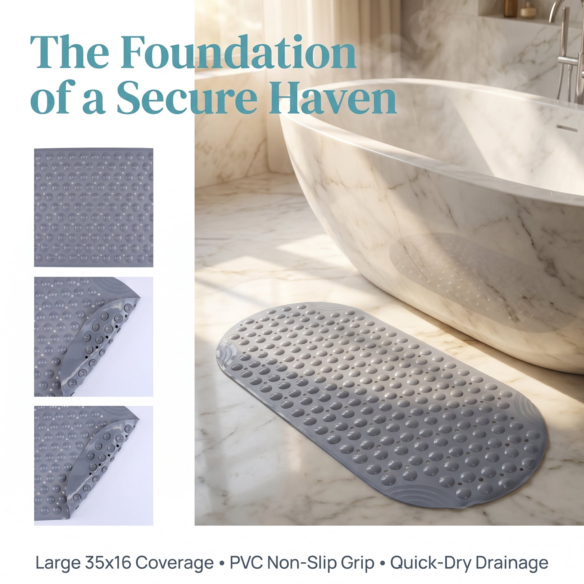Unique Bargains Bathtub Mat Non-Slip Strong Suction Cups with Drain Holes Gray 35" x 16"