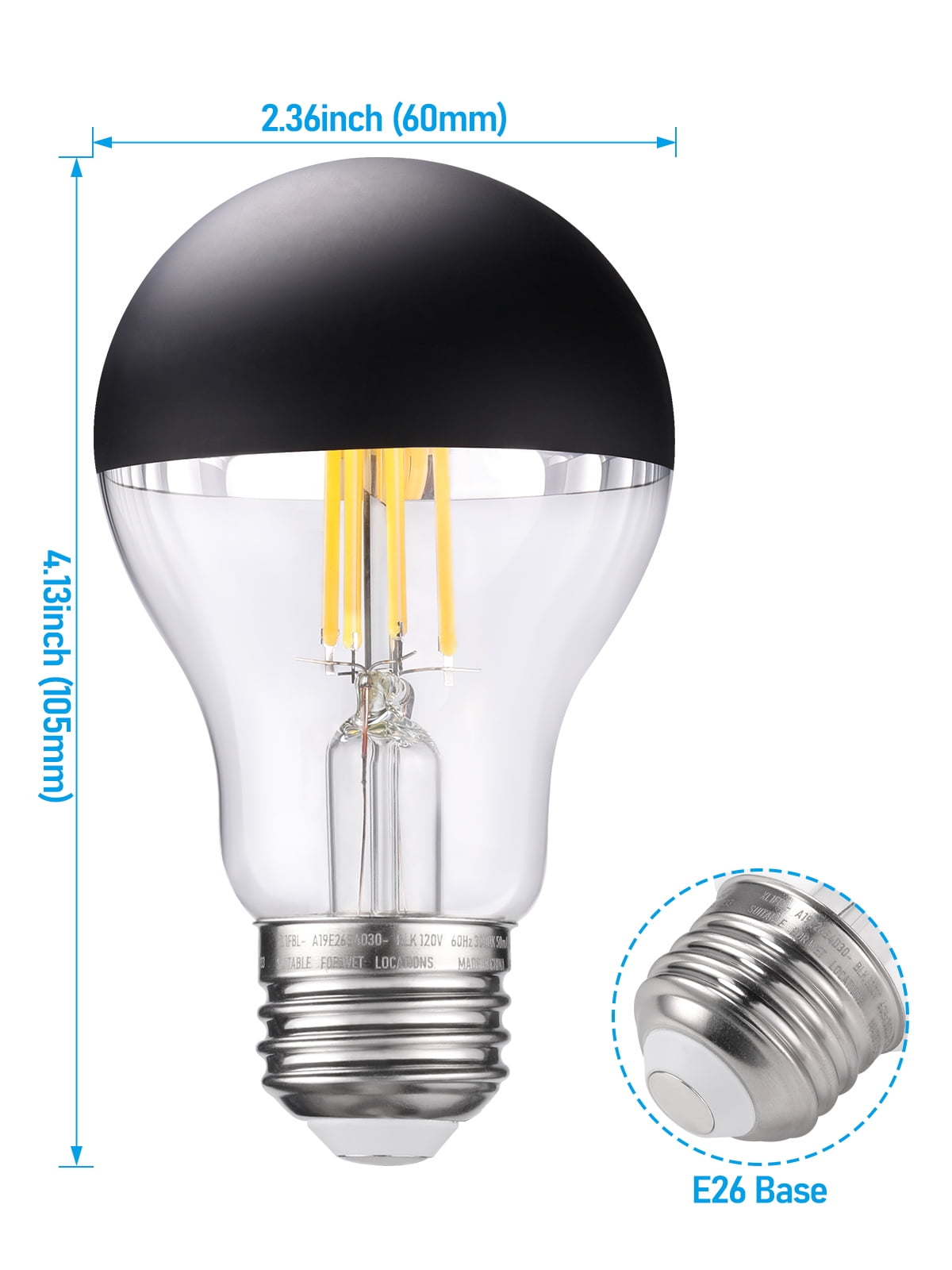 4 Pack A19 LED Dimmable Light Bulb, 4.5W(40W Eqv.), Half Chrome Anti Glare Bulbs, UL Listed, E26 Base, Decorative Black Dipped Vintage Edison Bulb, 3000K Warm White
