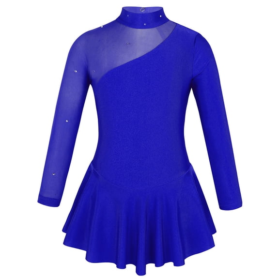 Lejafay Kids Girls Mesh Long Sleeve Ballet Dance Dress Mock Neck Skator Gymnastic Skirted Leotard Royal Blue 6
