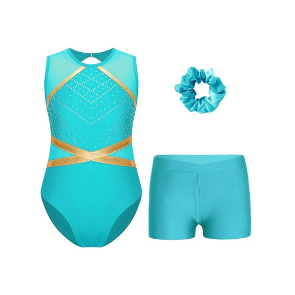 TTAO Kids Girls Sparkle Gymnastics Leotard Tumbling Bodysuit Unitard with Athletic Dance Shorts Hair Tie Set Blue Green 14