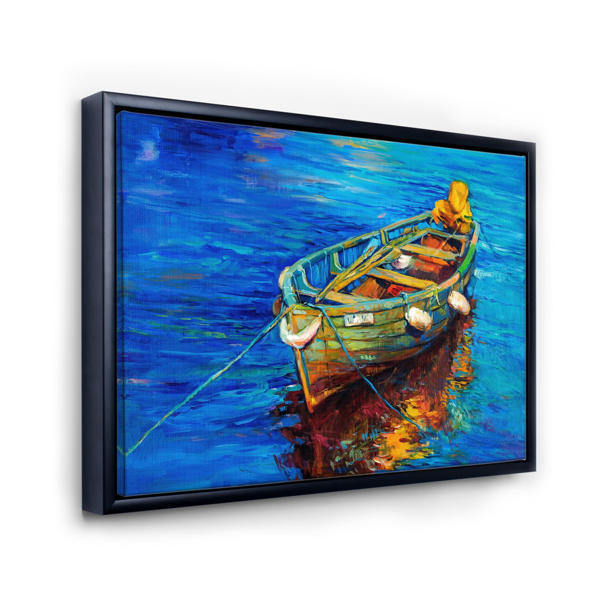 Designart 'Boats During Warm Sunset Resting On The Water IV' Nautical & Coastal Framed Canvas Wall Art Print