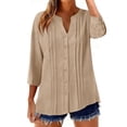 thumbnail image 3 of TaTaai Women’s V Neck Button Front 3/4 Sleeve T Shirts Casual Loose Blouses Pleated Solid Color Linen Blend Polyester Tops Spring Summer Daily Tees Gift, 3 of 9