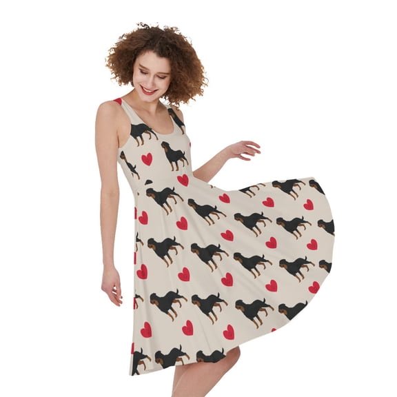 Love Rottweiler Pattern Print Sleeveless Knee Length Dress, Dog Pet Lover Fashion Summer Maxi Dress For Women