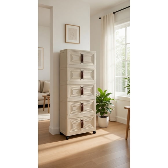 Toytexx 5-Tier Storage Cabinet with Doors and Wheels, Stackable Folding Plastic Organizer, Vertical Space-Saving Storage Unit for Bedroom, Office, Kitchen, Beige