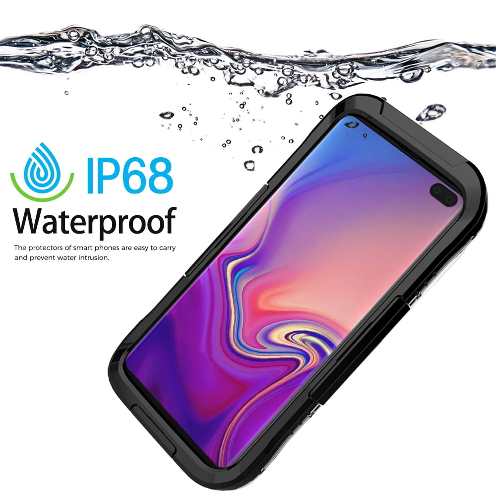 Waterproof Fully Sealed Hard Case For Samsung Galaxy S10 Plus With Plastic Screen Protector Cover For Swimming, Beach, Camping, Vacation Outdoor Use (Black)