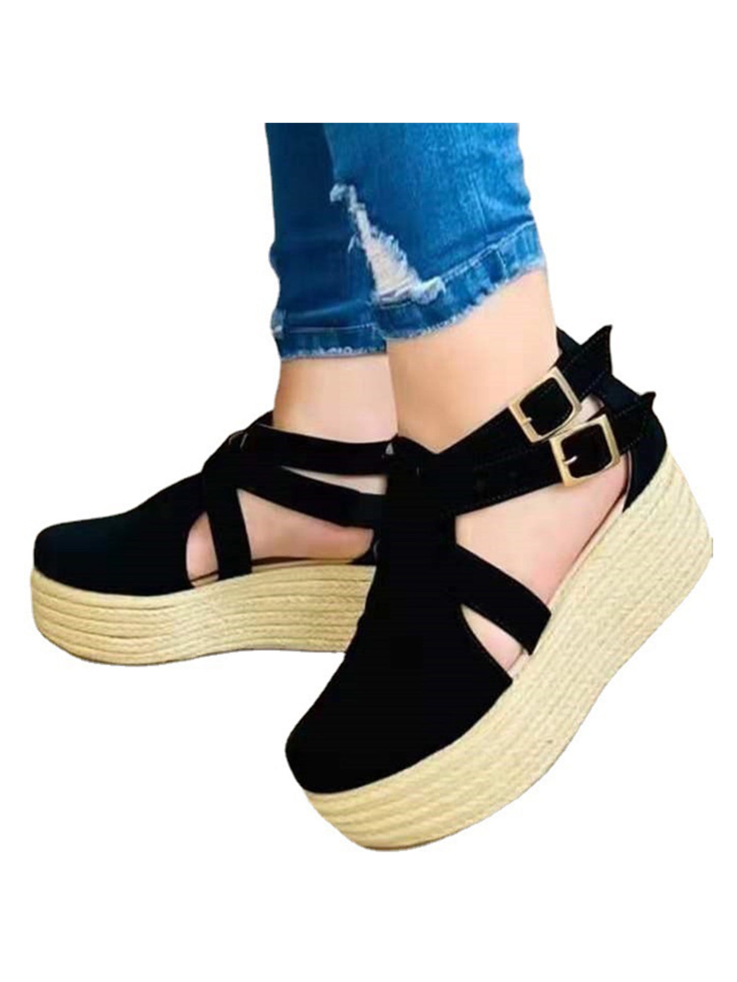 Women Casual Platform Wedge Sandals Ankle Strap Buckle Summer Peep Toe Shoe Size 