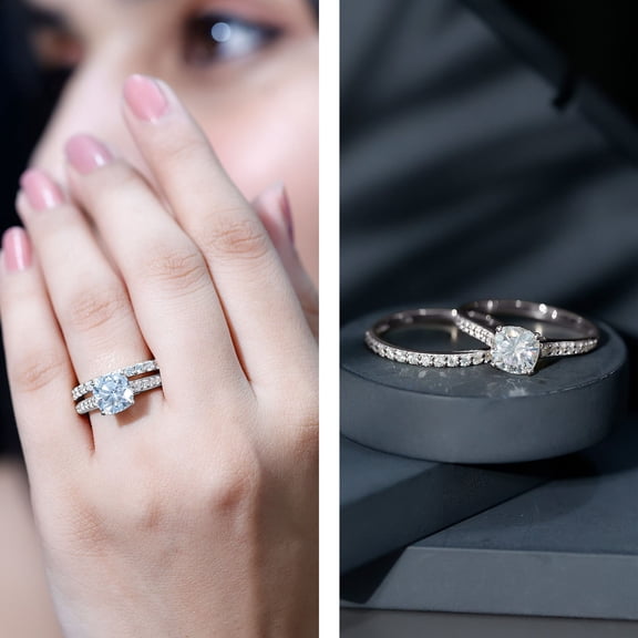 Kalapi Jewel 2 Ct Round Cut Moissanite Multi Stone Wedding Ring Set for Women - 14K White Gold Plated Prong Setting - Perfect Engagement, Wedding, Anniversary, Proposal Gift Ring