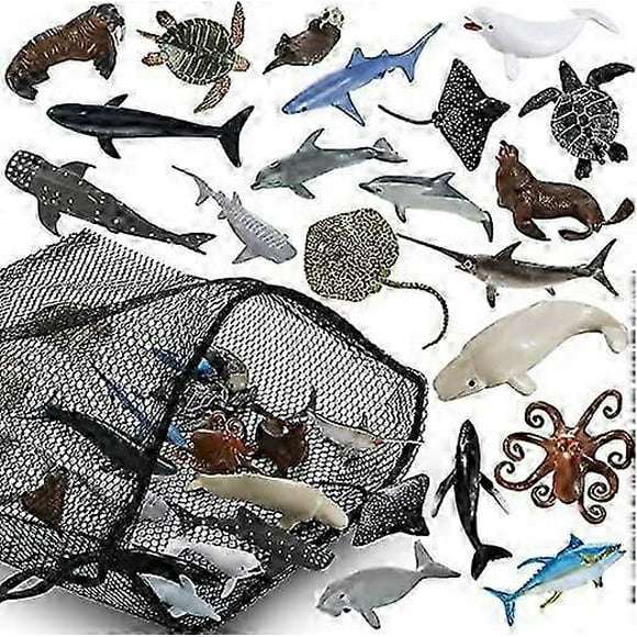 20 Pack Realistic Shark Toys Ocean Animals Toys with Mesh Bag Assorted Sea Animal Toys Including Shark, Whale, Dolphin Bath Toys for Ocean Life Party