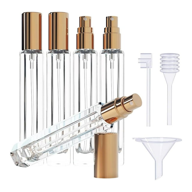 5 botellas de perfume de vidrio con atomizador de 10 ml, compactas, con dispensador, para fiestas. Oro