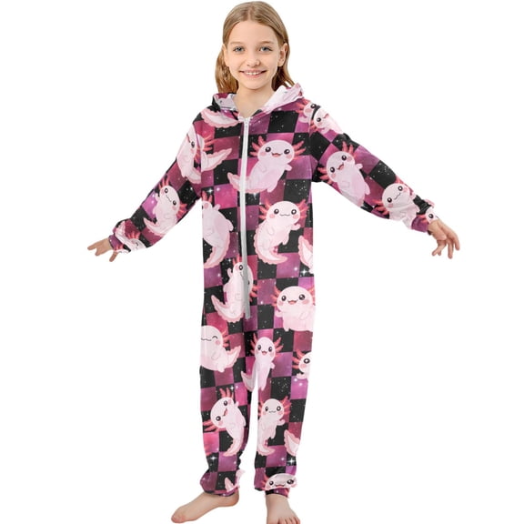 JOOGOO Cute Axolotl Glitter Pattern Unisex Onesie Pajamas Jumpsuit Kids One-Piece Hooded Sleepwear 7-8T