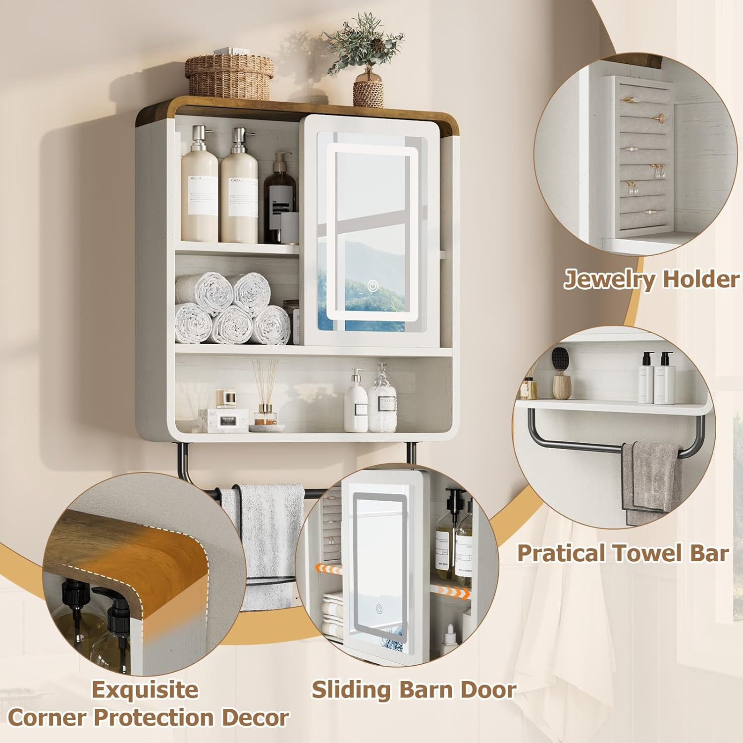 Vecenuy Modern Bathroom Wall Cabinet with Mirror, Medicine Cabinet over Toilet Storage, Towel Bar, Sliding Door, 3 Lighting Modes & Adjustable Brightness, Antique White