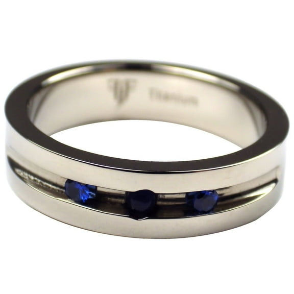 Men's Titanium Wedding Band Channel Set Dark Blue Faux Stone Ring Fantasy Forge Jewelry