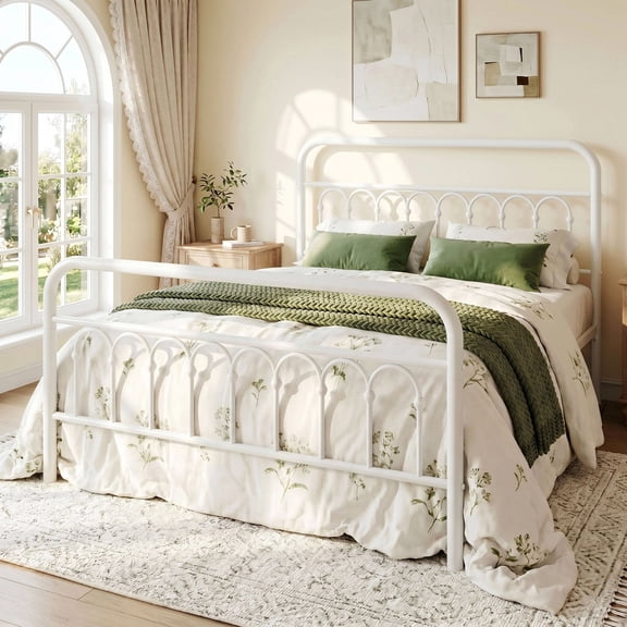 Amolife Queen Size Elegant Metal Platform Bed with a Retro and Curved Iron-Art Headboard, White