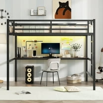 Full Size Loft Bed with Desk, Metal Space-Saving Bed Frame with Power Outlet, USB Charging Station, LED Smart Lights, Noise Reduced, Black Study Bed for Small Spaces