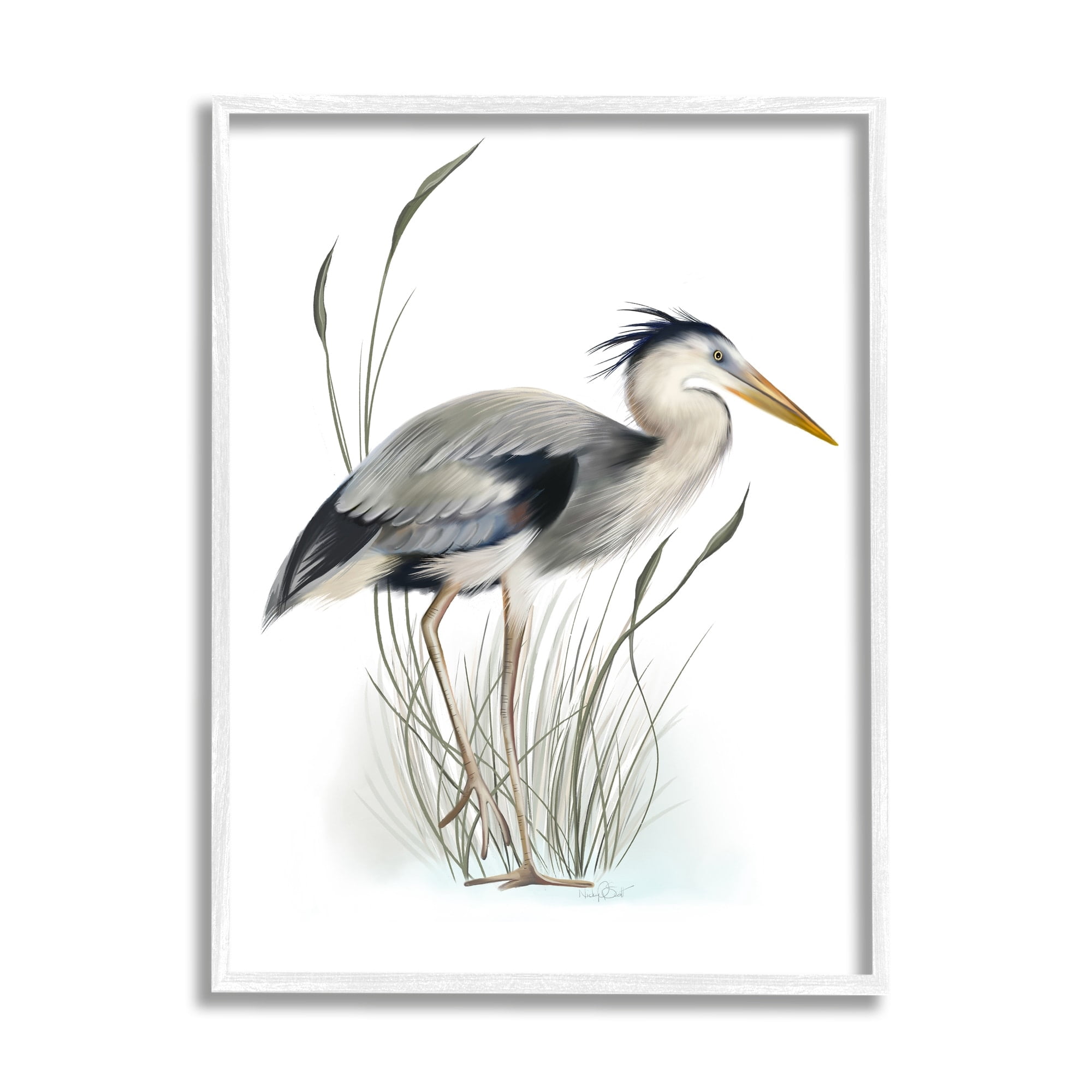 Stupell Industries Detailed Heron Bird Leering Wetland Grass Marsh Graphic Art White Framed Art Print Wall Art, Design by Studio Q