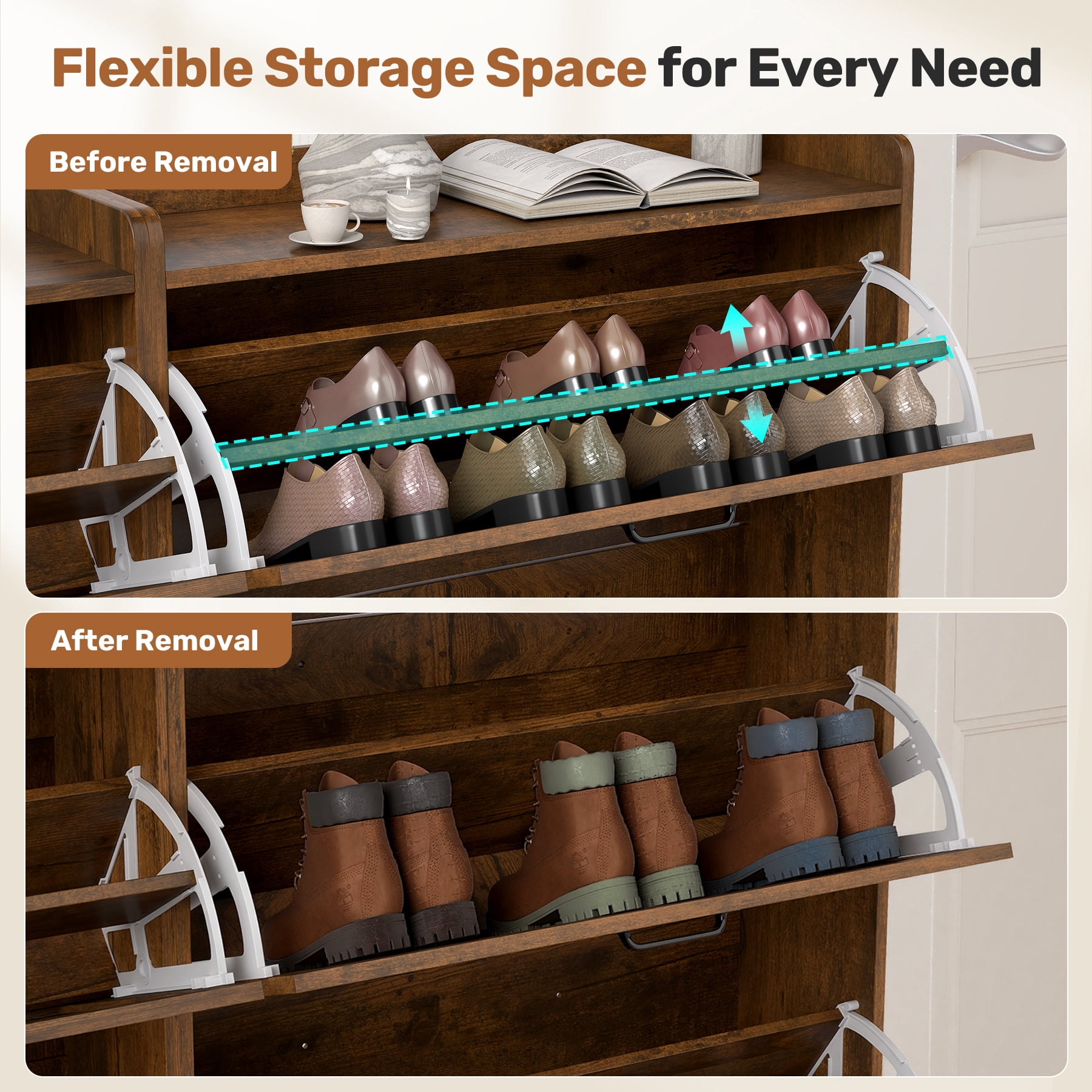 MOONMISS Shoe Storage Cabinet with 3 Flip Drawers and Open Storage,Rustic Wooden Shoe Organizer for Entryway Hallyway