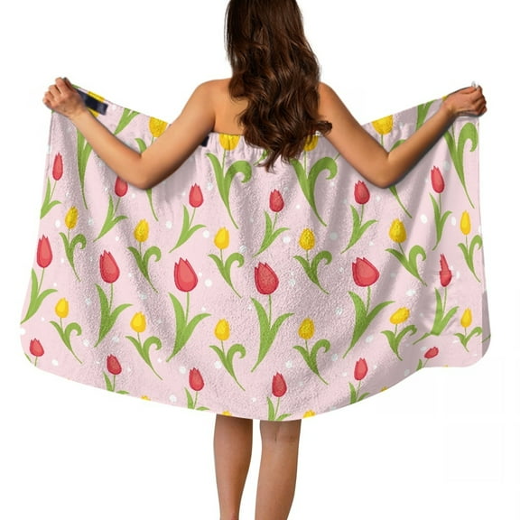 Yuyamidu Tulip Bath Wrap Towel for Women Pink Shower Wrap with Pocket Comfortable Towel Wrap Size XL Swim Beach Towel Adults Bath Towels Travel Hotel Spa Wrap