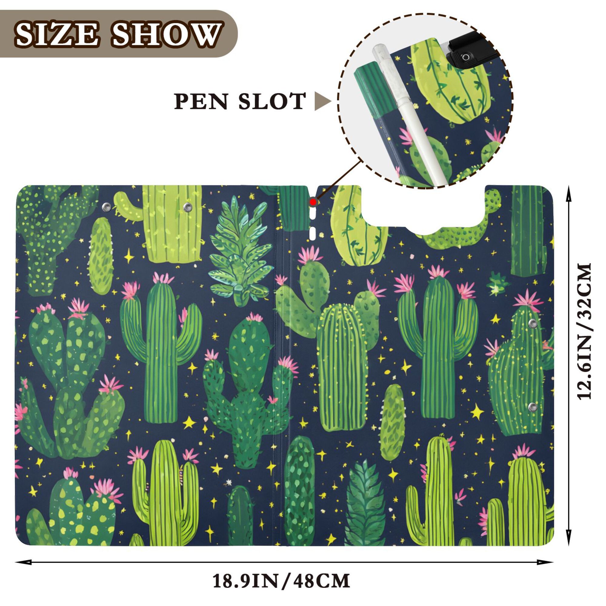 FORMRS A4 Clipboard Folder with Pen Holder Horizontal Foldable School Office Binder, Green Cactus Pattern