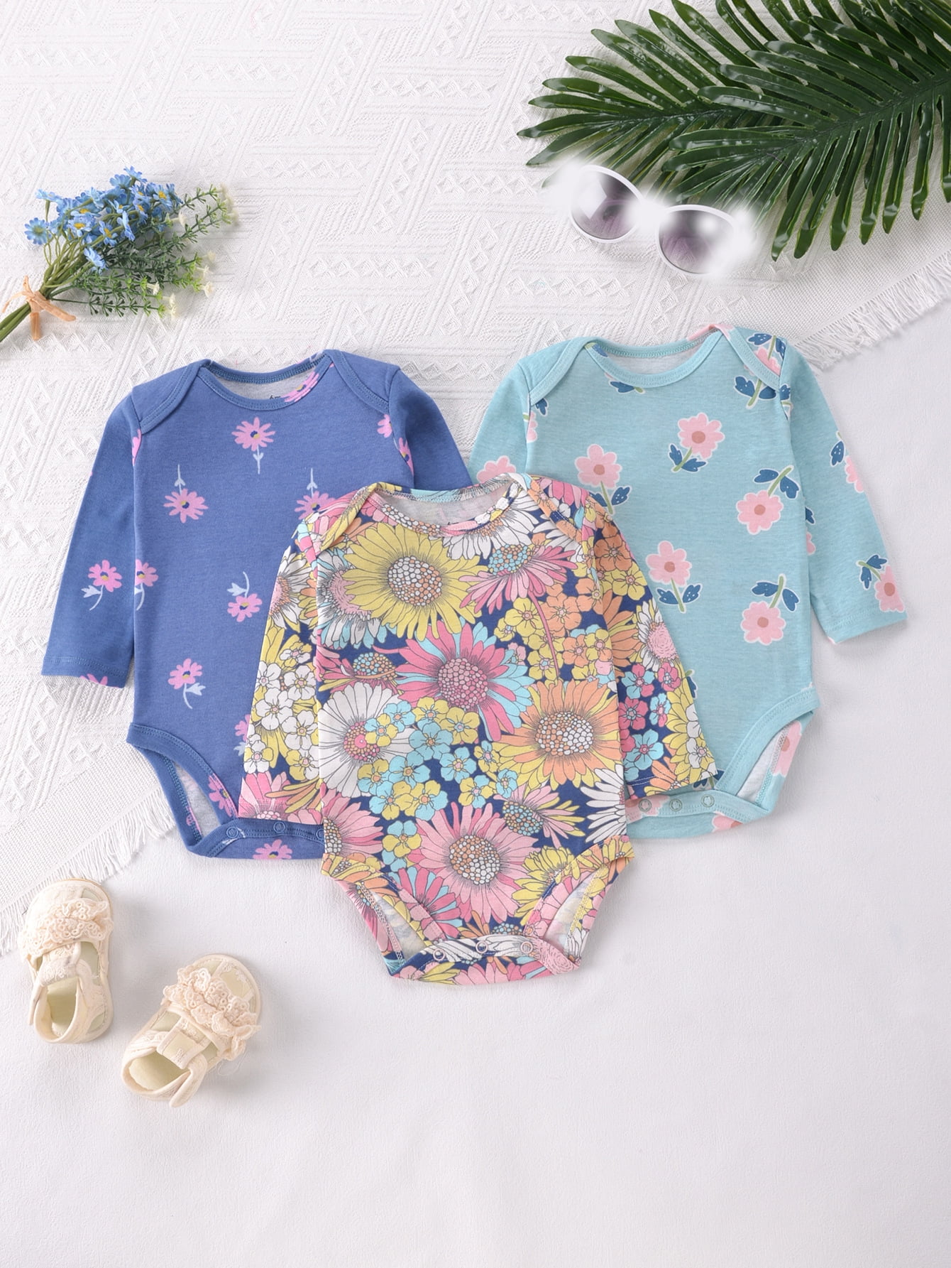 Bellafa 3-pack Long Sleeve Bodysuits One-piece 100% Organic Cotton for Infant Girls Floral Unicorn Onesies Baby Romper