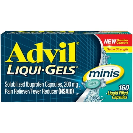 (3 pack) (3 pack) Advil Liqui-Gels minis (160 Count) Pain Reliever / Fever Reducer Liquid Filled Capsule, 200mg Ibuprofen, Easy to Swallow, Temporary Pain Relief