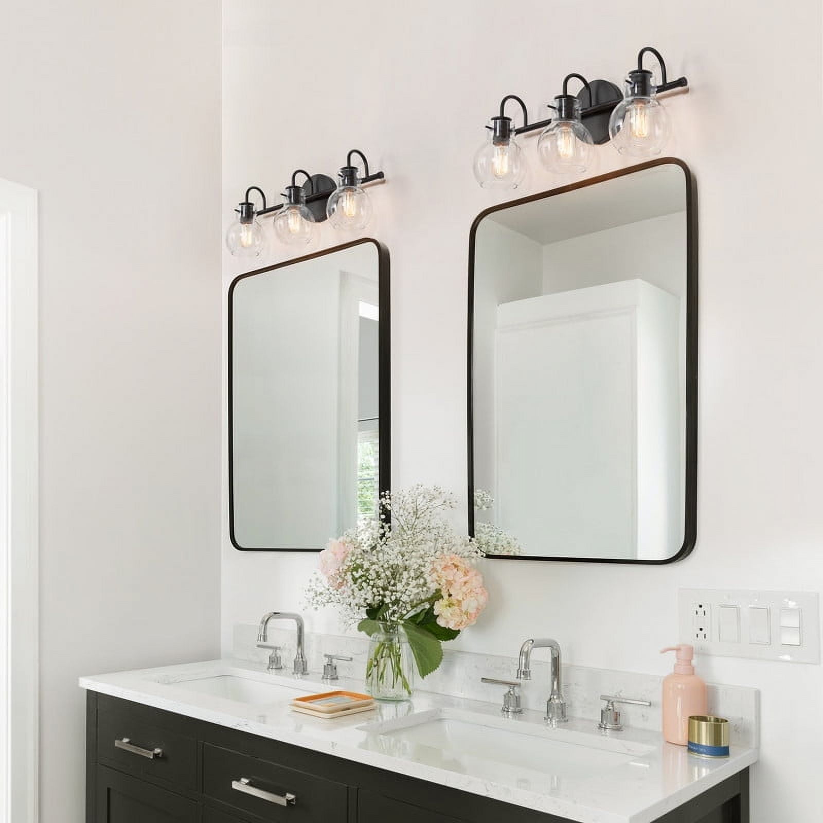 LNC Black 3-Light Bathroom Vanity Light with Clear Globe Shades, Dimmable, 22" W