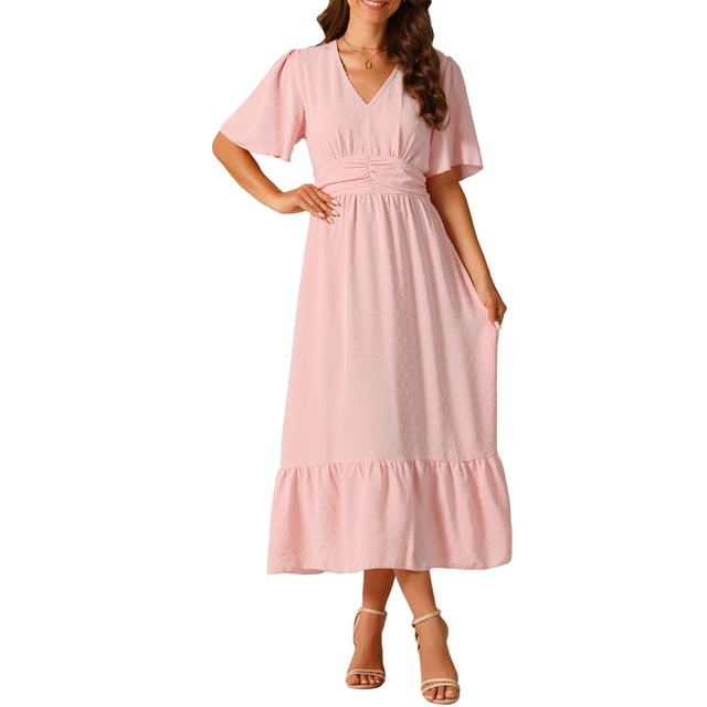 INSPIRE CHIC Robe Boho pour Femmes à Volants Manches Courtes Col en V Pois Suisses Robe Midi à Étages Robe de Plage Smockée Rose TG