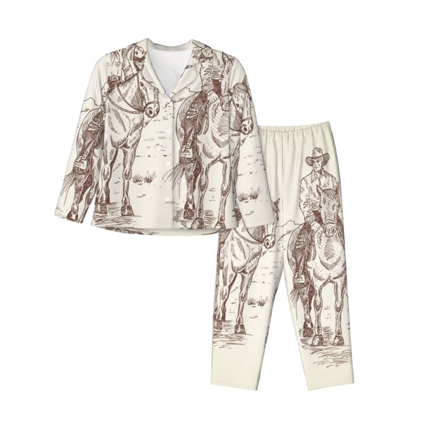 Balery Cowboys Riding Horses In Desert Conjunto de Pijama con Estampado para Mujer, Conjunto de Dos Piezas con Manga Larga, Ropa de Dormir Suave con Bolsillos, Pijamas Cómodos-X-Large