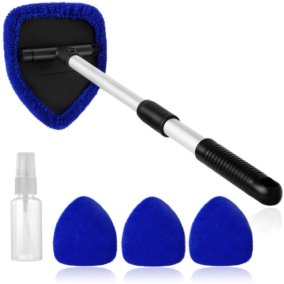 Elook Windshield Cleaner Tool, Car Interior Window Detailing Cleaning Kit with Extendable Handle and 4 Easy-to-Install Reusable Microfiber Pads, Auto Glass Wiper Brush Kit for Car&Home, Blue