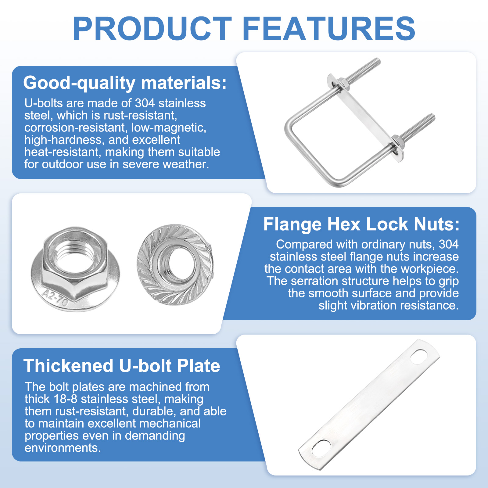 Uxcell 4 Set M8 2-3/8 Inch Inner Wide Square U Bolts, 4-3/4 Inch Length 304 Stainless Steel U-Bolts with Flange Hexagon Nuts, Frame Plates for Trailer, Automotive, (60mm W x 120mm L)